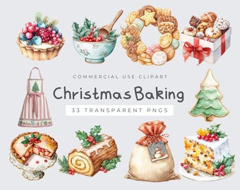 Christmas Baking Clipart, Watercolor Holiday Kitchen Illustrations, Cozy Baking Tools, Festive PNG Designs