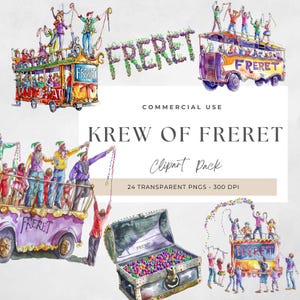 May include: A digital clipart pack featuring illustrations of a Mardi Gras parade in New Orleans, Louisiana. The illustrations include a float with people throwing beads, a treasure chest filled with beads, and a sign that says "Krew of Frere".