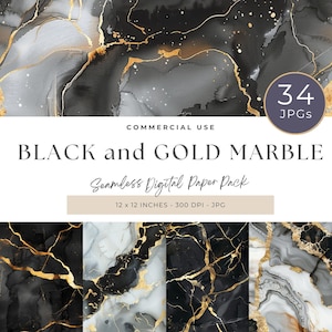 Puede incluir: Un paquete de papel digital con 34 patrones sin costuras que presentan diseños de mármol negro y dorado. Los patrones miden 30,48 cm por 30,48 cm y 300 DPI.