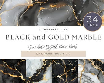 Black And Gold Marble Background, Marbled Paper Download, Seamless Background for Scrapbooking, Unique Marble Print, Luxury Elegant Texture