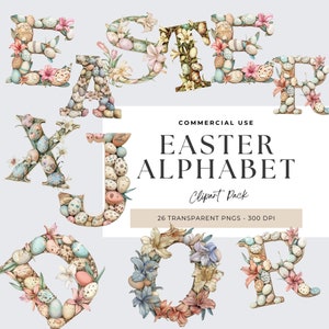 Clipart alfabeto pasquale, Clipart pasquale, Crea il tuo nome, Clipart lettere pasquali, Clipart asilo nido, Uovo di Pasqua e giglio, Buona Pasqua