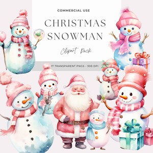 Snowmen Clipart | Pink Christmas Snowman Clipart | Winter Clipart | Commercial Use Allowed | Pink Christmas Sublimation | Watercolor Clipart