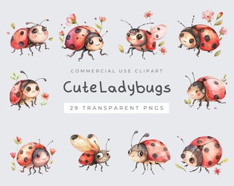 Ladybug Clipart, Cute Watercolor PNG Bundle for Digital Download, Nursery Decor, Sublimation Art, Printable
