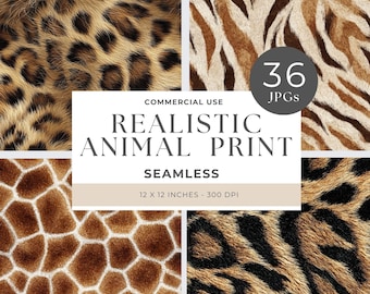 Animal Print Seamless Patterns, Digital Paper, Leopard & Cheetah Designs, Craft Supplies for DIY Projects, Realistic Fur, Snake Skin