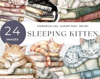 Cat Books Clipart, Sleeping Cat on Books Watercolor Clipart, Cozy Reading Cats Clipart, Cute Cat Illustrations for Scrapbooking, Book Lover