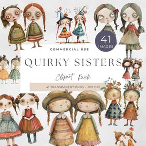 Quirky Sisters Clipart, Whimsical Girls PNG, Cute Digital Download, Best Friends Paper Craft, Instant Art, Playful and fun, Best Friends