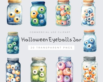 May include: Watercolor illustration of eight glass jars filled with colorful, cartoonish eyeballs. The jars have various lids and contain eyeballs in shades of yellow, blue, green, orange, and purple. Text reads "Halloween Eyeballs Jar" and "20 Transparent PNGs."