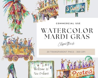 Mardi Gras Watercolor Clipart, Mardi Gras Float Png, Fat Tuesday New Orleans, Beads Necklace, NOLA Carnival, Parade Throw, Festival PNG