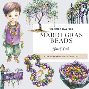 Puede incluir: Un paquete de clipart digital de 19 cuentas de Mardi Gras en varios colores y estilos, incluyendo un collar morado, verde y dorado, una bolsa de cuentas y un &aacute;rbol decorado con cuentas. El texto "Mardi Gras Beads" y "Clipart Pack" est&aacute; incluido en la imagen.
