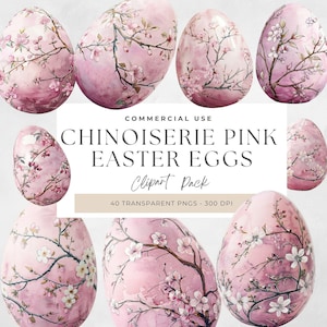 Chinoiserie Easter Eggs Clipart, Cute Watercolor Easter Clipart, Chinoiserie Style, Perfect for Cards and Crafts, Instant Download, Pink Png