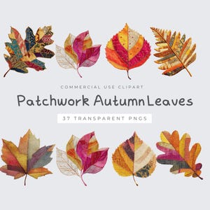 Op de afbeelding: Een verzameling van acht patchwork herfstbladeren in verschillende vormen en kleuren, waaronder rood, oranje, geel en goud. De bladeren zijn gemaakt van stof en hebben een gestikt uiterlijk. Tekst luidt "Patchwork Autumn Leaves" en "37 Transparent PNGs."