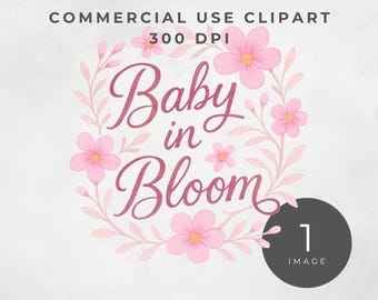 Pink Baby in Bloom Clipart, Watercolor Floral Baby Shower Decor, Baby Shower Invitation Bundle Printable, Wildflower,  Editable Games, PNG