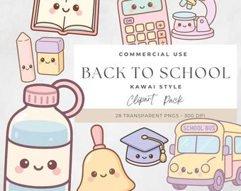 Back to School Clipart, Kawaii School Supplies, Cute Digital Download, Classroom Decor, Teacher Resources, Pastel Art, Commercial Use