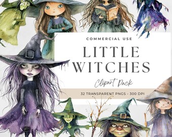 Kleine Hexe Clipart – Halloween Clipart, niedliche Hexe in Aquarell und digitaler Download
