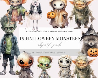 Halloween Monsters Watercolor Clipart | Instant Digital Download | Png Bundle | Cartoon Monsters | Cute Halloween Character Clipart