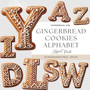 Imágenes prediseñadas de letras de galleta de jengibre, 26 archivos Png de alta calidad, imágenes prediseñadas de letras de Navidad, paquete de alfabetos de pan de jengibre, imágenes de pan de jengibre
