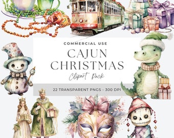 May include: Watercolor illustrations of a Cajun Christmas Clipart Pack. The image includes a streetcar, gifts, a snowman, a king and queen, a mask, a dinosaur, and a skeleton. The text reads "CAJUN CHRISTMAS Clipart Pack".