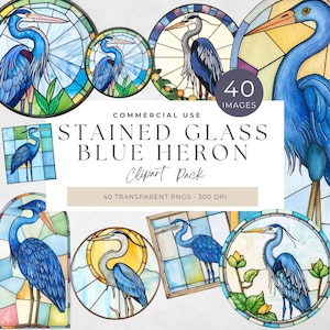May include: A set of 40 stained glass blue heron clipart images. The images are in a variety of shapes and sizes, and feature a blue heron standing on a branch with a stained glass background.