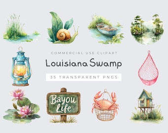 Imágenes prediseñadas de pantano de Luisiana, arte natural cajún en acuarela, descarga digital, caimán de pantano PNG para manualidades