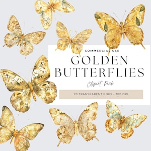 Gold Butterfly Clipart, Gold Butterfly PNG, Gold Glitter Butterflies Clipart, Baby Girl Nursery, Watercolor Clipart, Pastel, PNG Format