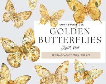 Gold Butterfly Watercolor Clipart, Baby Girl Nursery (PNG)