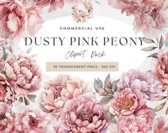 Dusty Pink Peonies Clipart, Peony Flower Cliparts Watercolor Painting, Blush Peony Clipart, Spring Floral Peony, Pink Summer Flowers