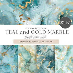 Digital Paper Teal Gold Marble, Marbled Paper Download, Elegant Backgrounds for Scrapbooking, Seamless Pattern, Elegant Backgrounds, Vintage