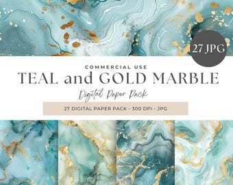 Digital Paper Teal Gold Marble, Marbled Paper Download, Elegant Backgrounds for Scrapbooking, Seamless Pattern, Elegant Backgrounds, Vintage