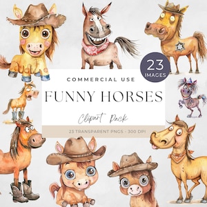 Bundle de cliparts cheval drôle, cheval original PNG, graphiques animaux humoristiques, téléchargement numérique pour sublimation, dessin animé mignon, idiot et ludique