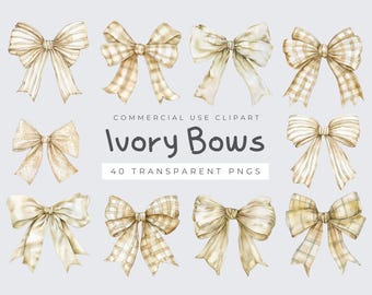 Ivory Bow Clipart, Watercolor PNG, Baby Shower, Wedding Decor, Commercial Use Clipart Designs, Instant Download Graphics