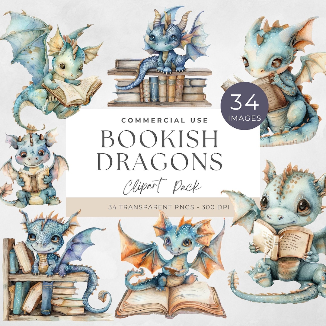 Dragon and Books PNG, Fantasy Clipart for Book Lovers, Digital Download ...