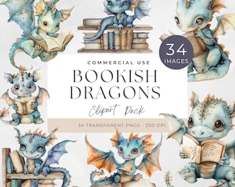 Dragón y libros PNG, clipart de fantasía para amantes de los libros, descarga digital, diseños de sublimación, arte de lectura, entusiastas de la lectura