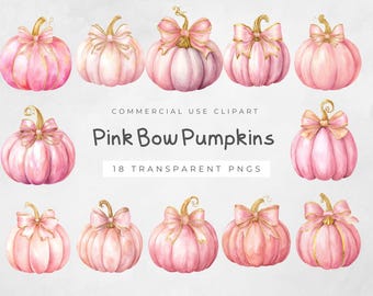 Pink Watercolor Pumpkin Clipart, Cute Bow Designs for Fall, Autumn Digital Download, Gingham Pumpkin Art