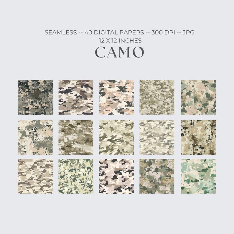 May include: A collection of 15 digital camo paper designs in various color palettes, including greens, browns, and tans. The papers are 12 x 12 inches and are labeled "CAMO". The image also states "SEAMLESS -- 40 DIGITAL PAPERS -- 300 DPI -- JPG".