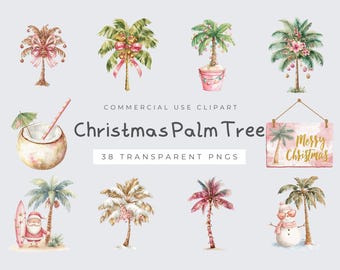 Clipart de palmera navideña, PNG de vacaciones tropicales, descarga digital para decoración de playa y proyectos de sublimación
