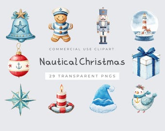 Nautical Christmas Clipart, Seashell Winter, Watercolor Holiday PNG, Beach Ocean Decor, Festive Digital Download for Crafts
