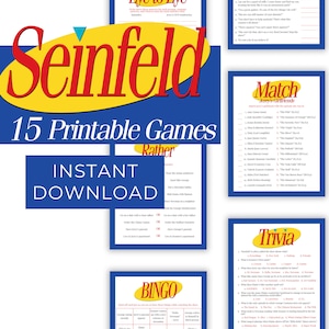May include: A collection of 15 printable Seinfeld-themed games. The games include Bingo, Trivia, Match Jerry's Friends, and Would You Rather. The games are designed for fans of the popular sitcom Seinfeld.