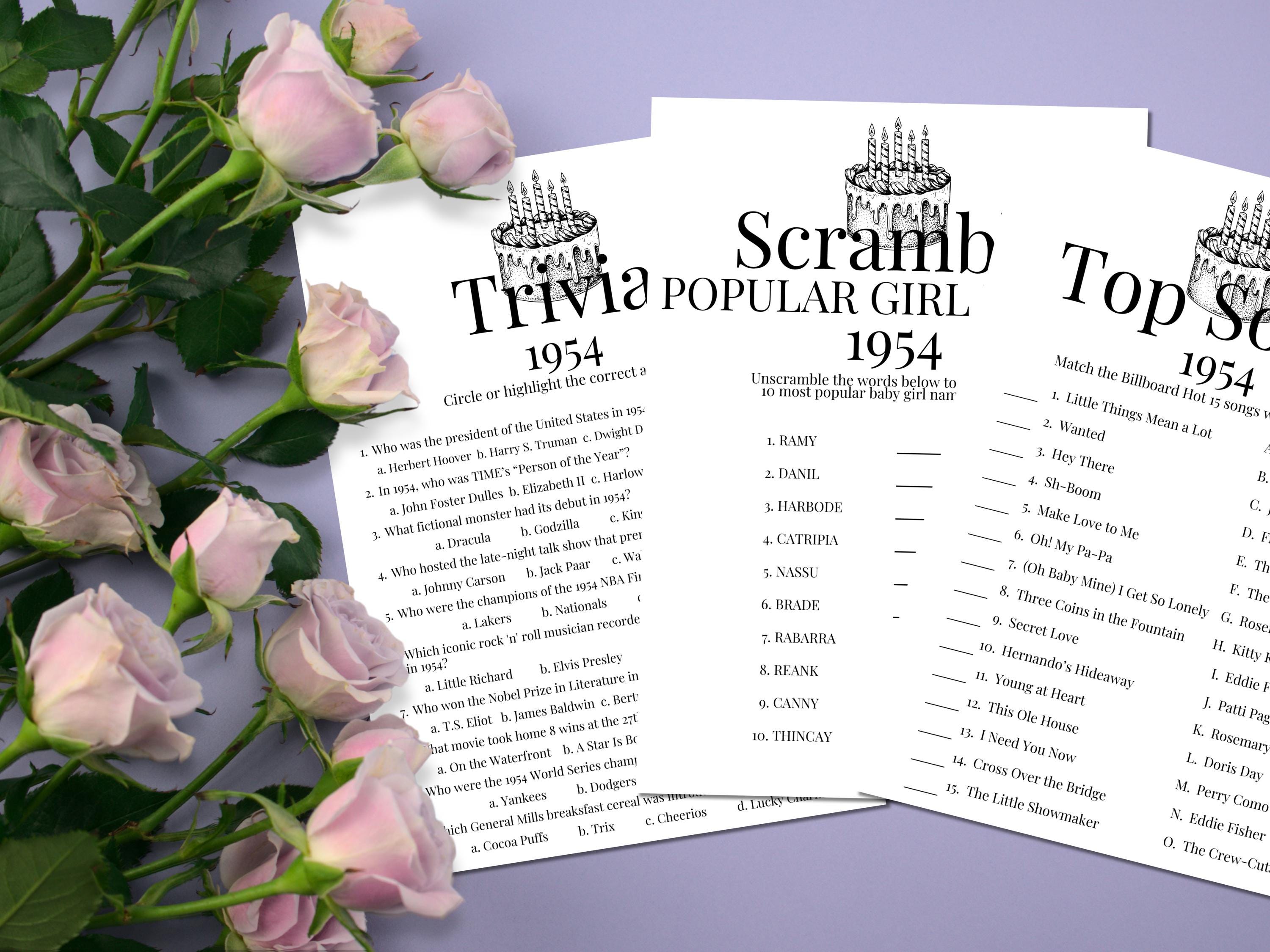 70th Birthday Printable Party Game Bundle, Birthday Girl Gift, 1954 ...