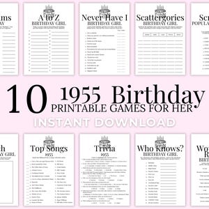70. Geburtstag Partyspiel Bundle, Geburtstags-Mädchen Geschenk, 1955 Trivia, würden Sie lieber, lustige Spiele für Mädchen