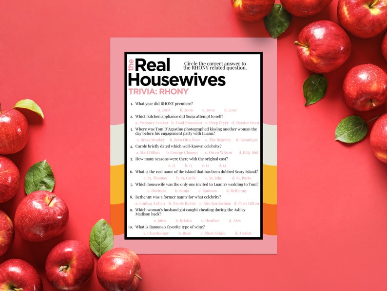 May include: A printable trivia game with a pink and yellow background. The game is about the Real Housewives of New York City. The questions are about the show's history, cast members, and events.