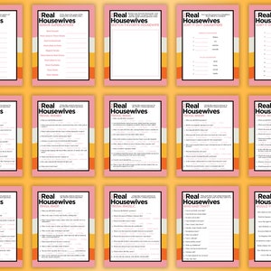 May include: A printable Real Housewives trivia game with 12 different game cards. The cards are pink with orange and yellow accents. The cards have titles like "Scramble", "Superlatives", "Rival Show", "Who Said That?", and "Would You Rather?"