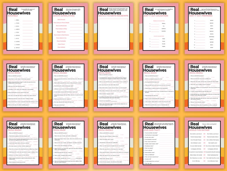 May include: A printable Real Housewives trivia game with 12 different game cards. The cards are pink with orange and yellow accents. The cards have titles like "Scramble", "Superlatives", "Rival Show", "Who Said That?", and "Would You Rather?"