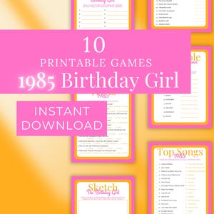 May include: A set of 10 printable games for a 1985 birthday girl. The games include "Top Songs 1985", "Sketch the Birthday Girl", "Word Puzzle", "1985 Trivia", and "Guess the Movie".