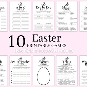 May include: Ten printable Easter games featuring a variety of themes, including anagrams, trivia, and would you rather. The games are designed with a black and white bunny rabbit illustration.