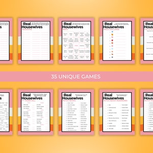 May include: A set of 10 printable Real Housewives themed party games. The games include anagrams, bingo, a matching challenge, and more. The games are printed on pink and orange paper with white text.