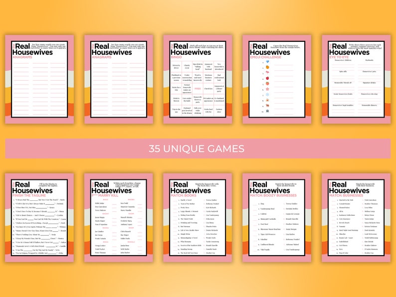 May include: A set of 10 printable Real Housewives themed party games. The games include anagrams, bingo, a matching challenge, and more. The games are printed on pink and orange paper with white text.