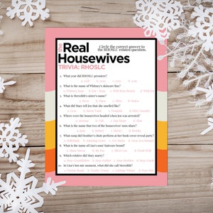 May include: A pink and yellow printable trivia game with the title "The Real Housewives Trivia: RHOSLC". The game features questions about the Real Housewives of Salt Lake City television show.