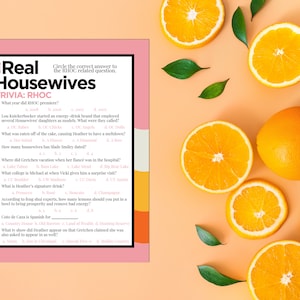 May include: A pink and orange printable trivia game with the title "The Real Housewives Trivia: RHOC". The game features 10 questions about the Real Housewives of Orange County television show.