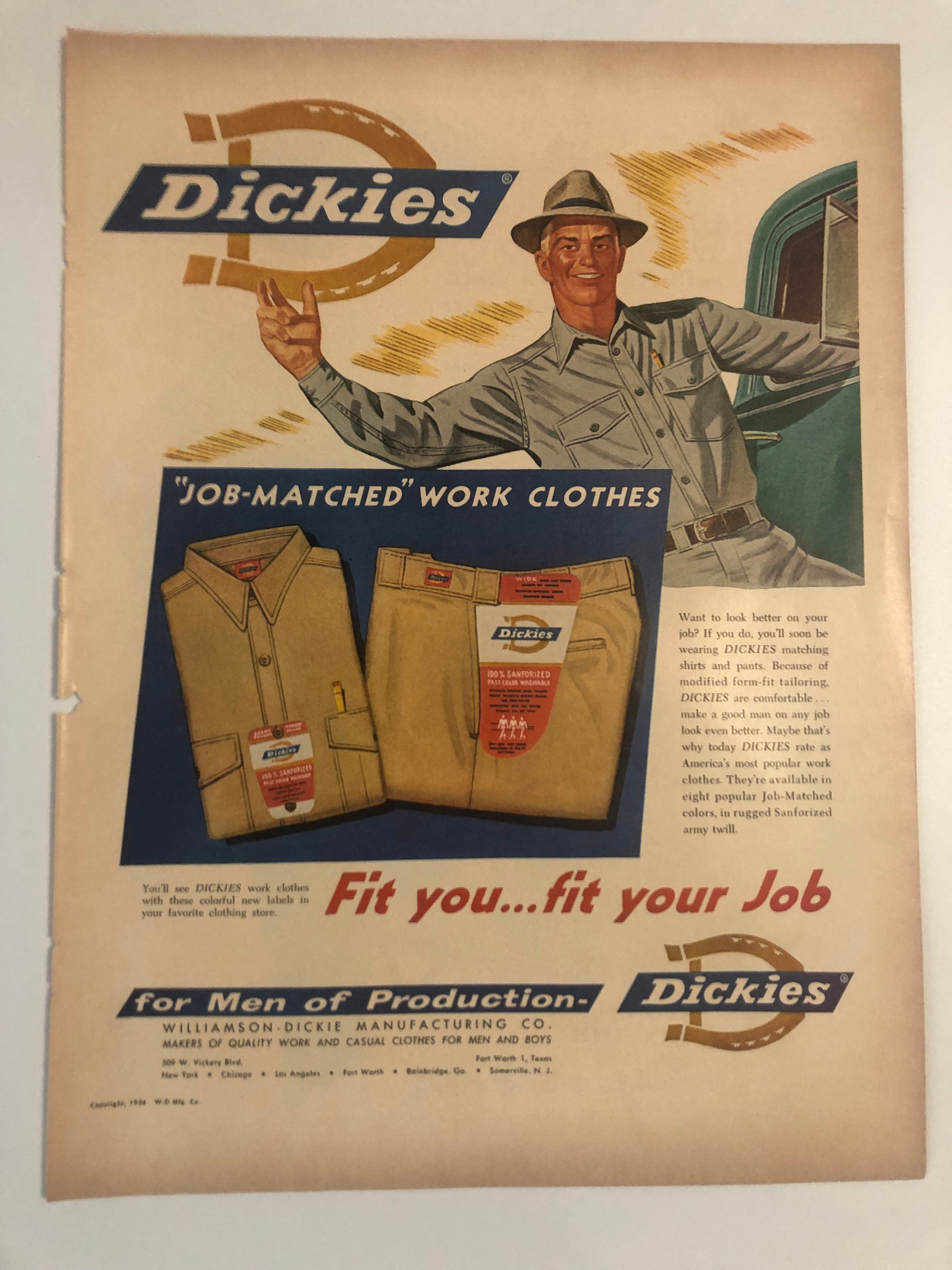 Vintage 1954 Dickies Advertisement: Mid Century Work Clothes Decor