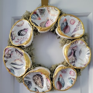 decoupaged seashell wreath, beach decor, nautical decor, beach house decor, seashell art, wall hanging, hand painted shells, Christmas wreat
